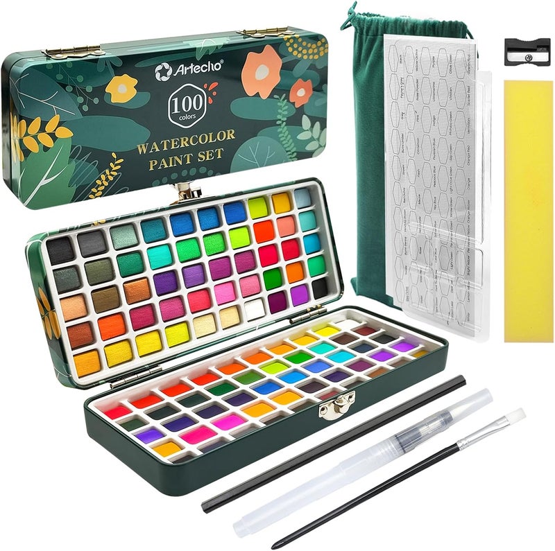 Artecho Watercolor Paint Set 100 Colors with Metallic in Portable Box, Paint Kit with Watercolor Papers and Brushes, Water Color Set for Beginners & Professionals - Image 1